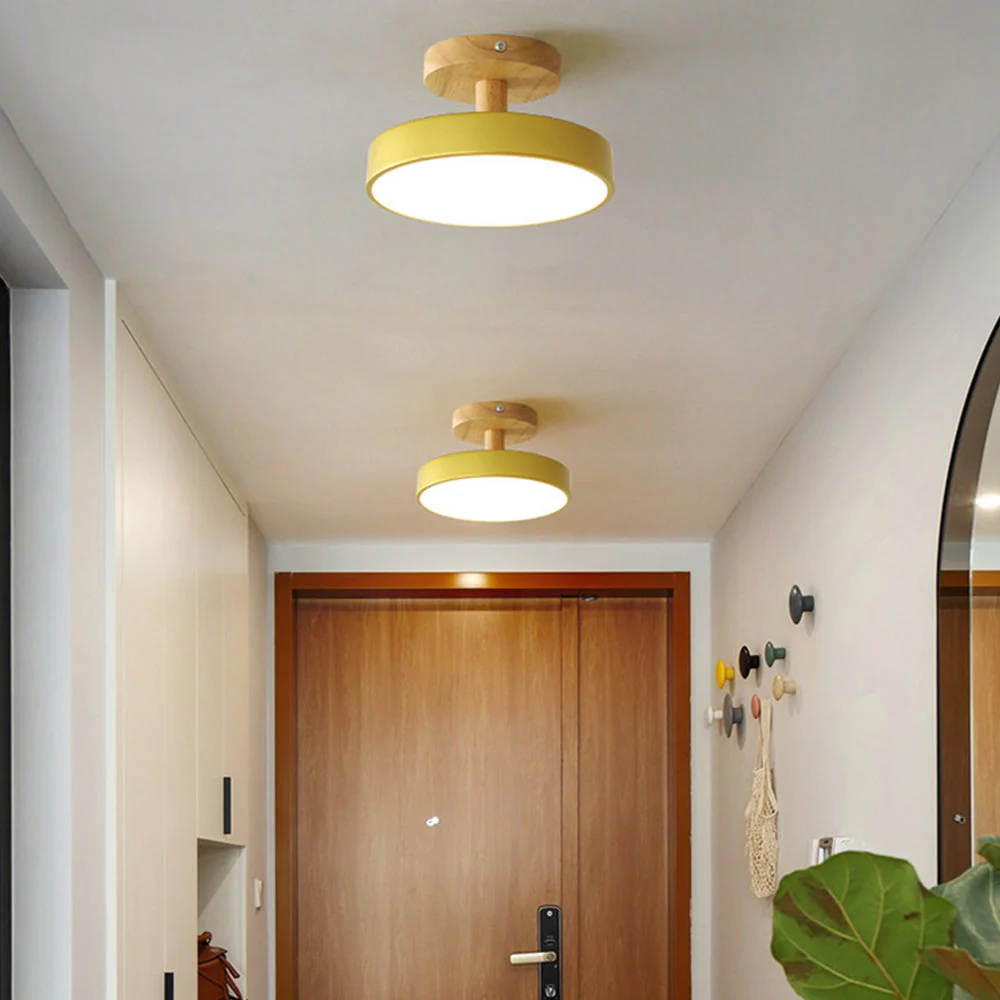 Modern Flush Mount LED Ceiling Light �C Wood & Iron, Minimalist Round Design