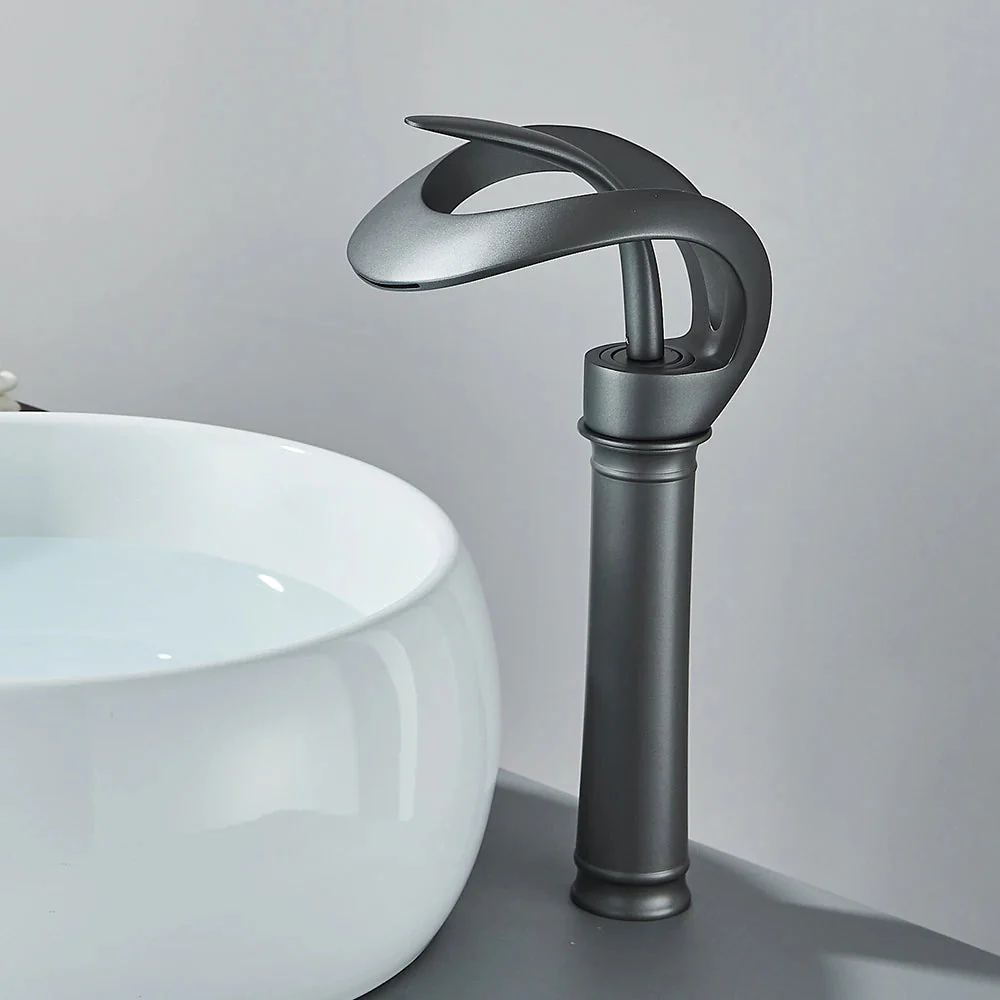 Modern Matte Black Waterfall Bathroom Faucet - Single Handle Vessel Sink Tap