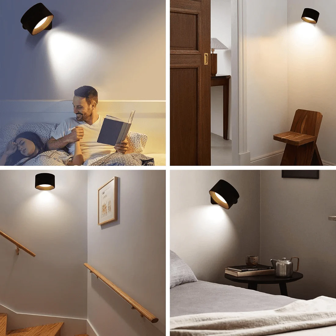 Wall Lamp | Matte Black Metal & Natural Wood | 360�� Rotatable Head | Living Room Accent