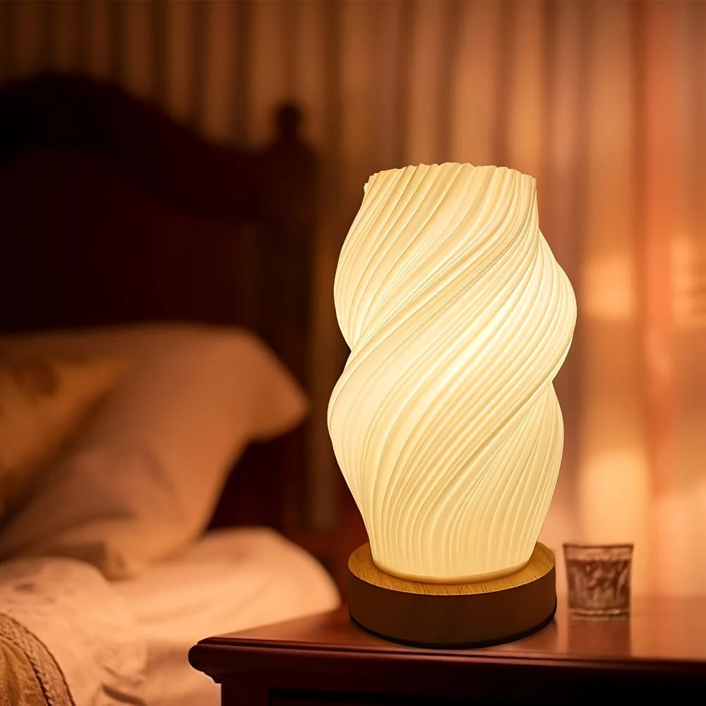 Dimmable Bedside Lamp with Wooden Base and 3D-Printed Shade
