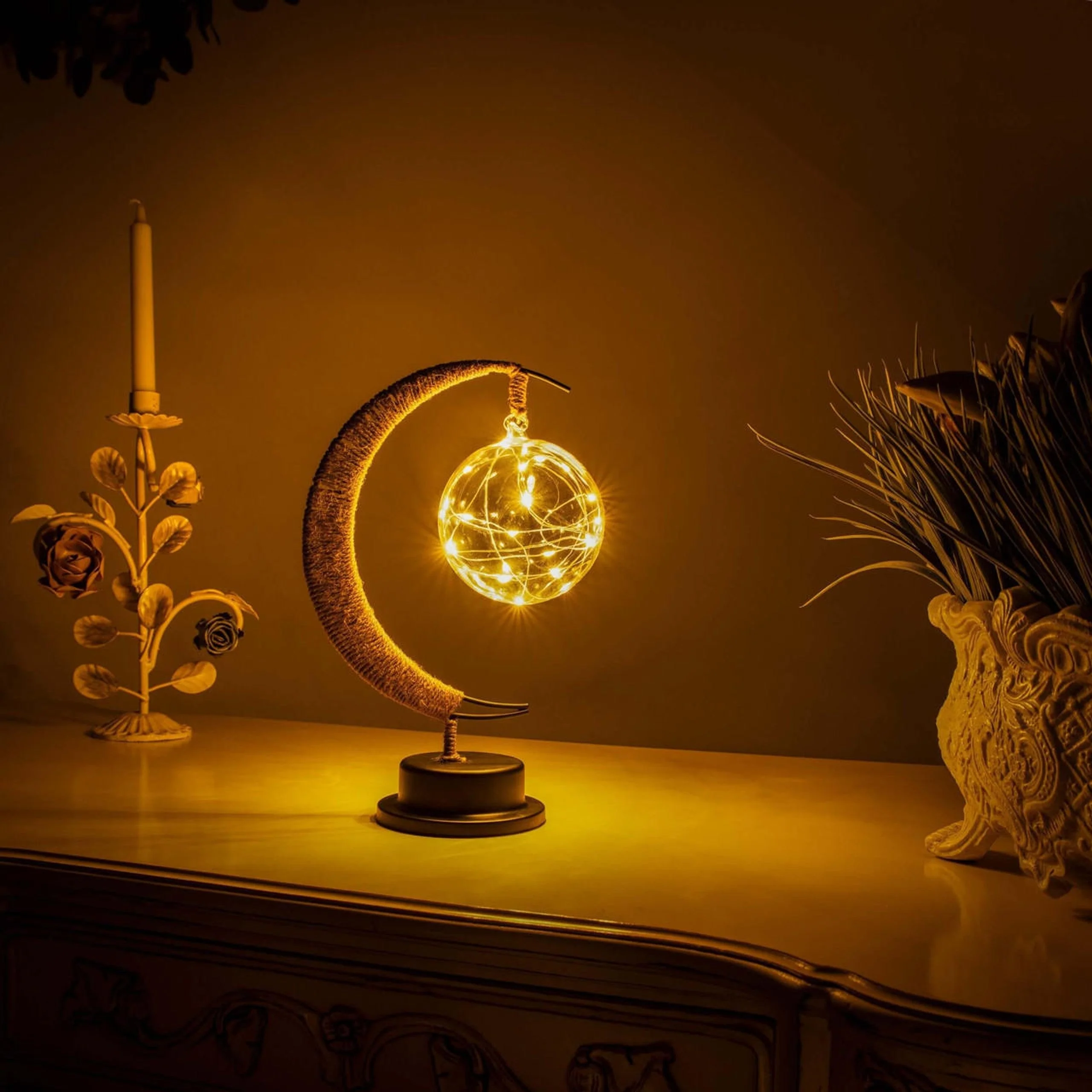 Crescent Moon Table Lamp with Hanging Orb �?Ethereal LED Decor Light