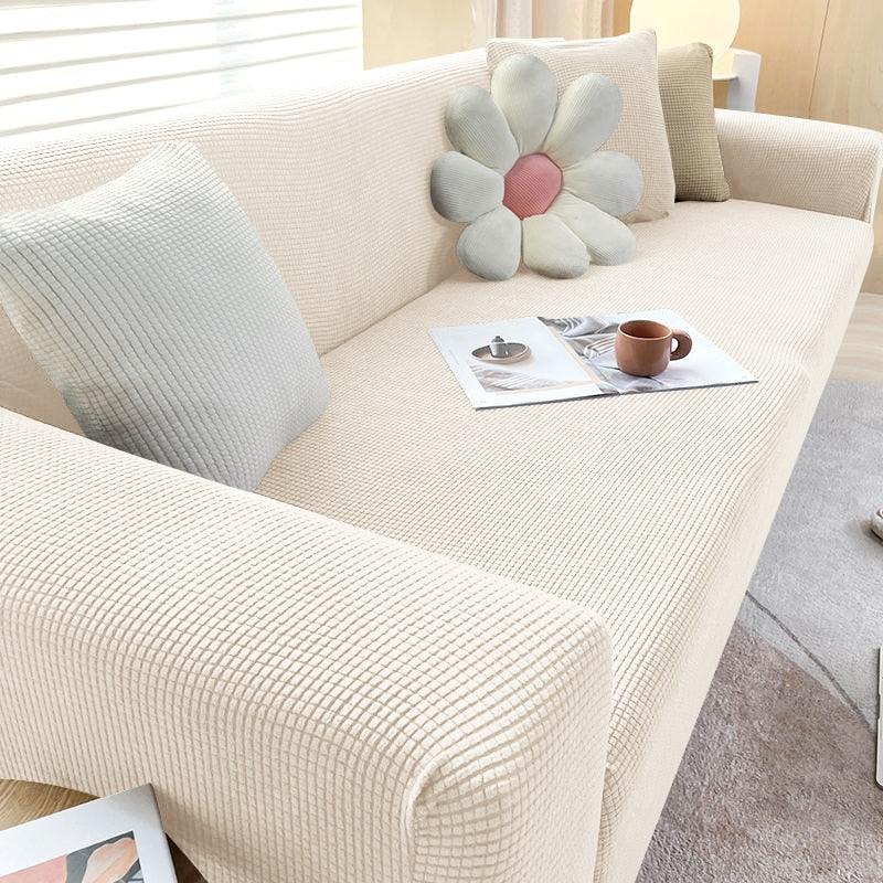 Modern Minimalist Stretch Sofa Cover - Textured Cotton Blend Ribbed & Waffle Weave
