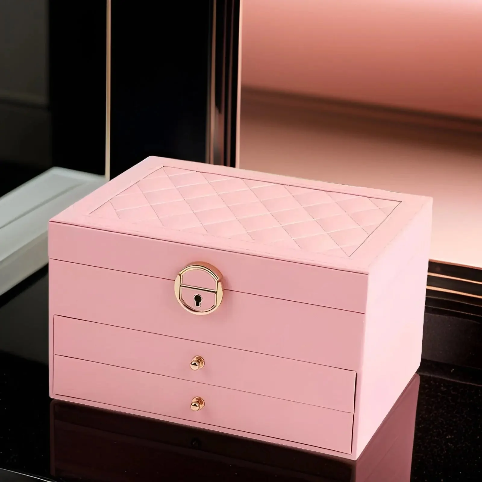 Contemporary PU Leather Jewelry Box with Velvet Lining & Secure Drawers