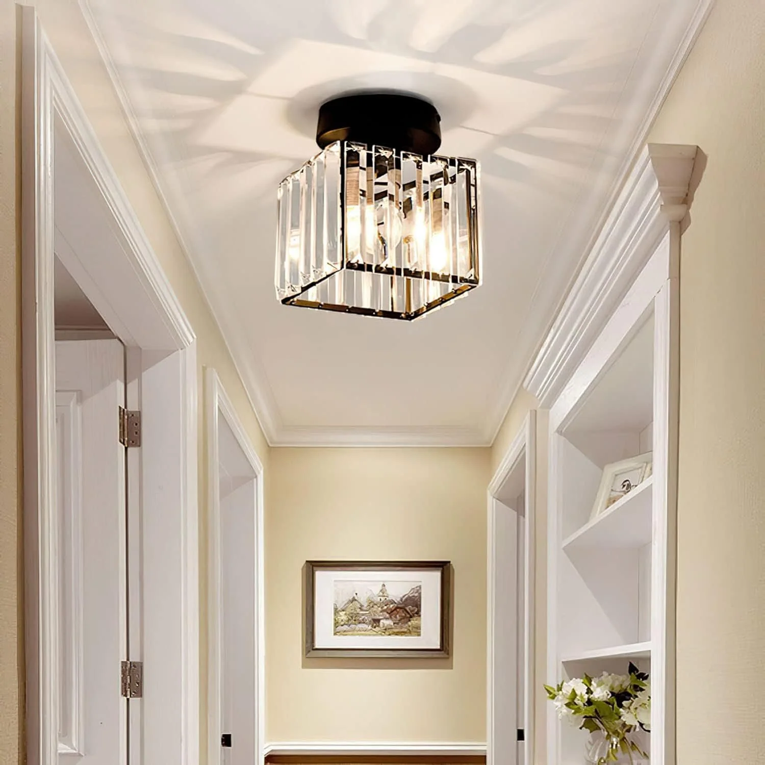 Contemporary Flush Ceiling Light with Crystal Rods & Brass Cage �C E27 Fitting