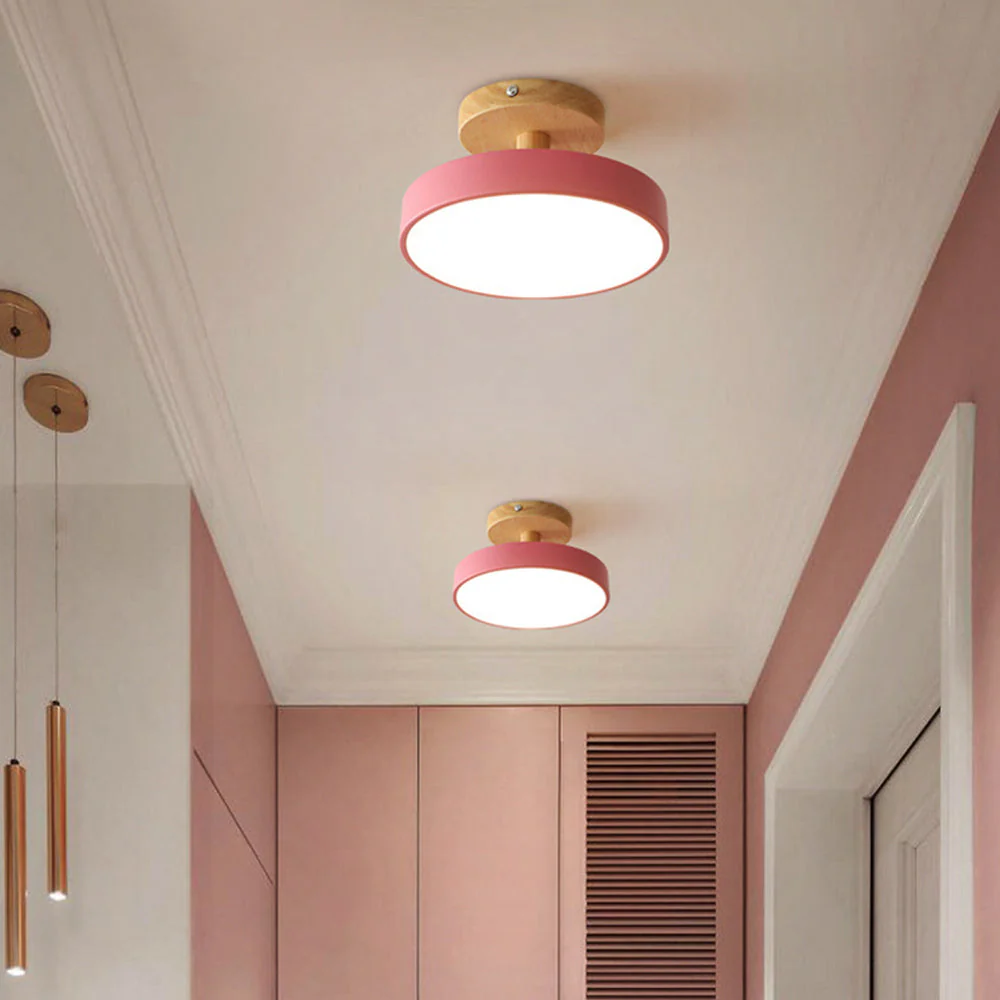 Modern Flush Mount LED Ceiling Light �C Wood & Iron, Minimalist Round Design