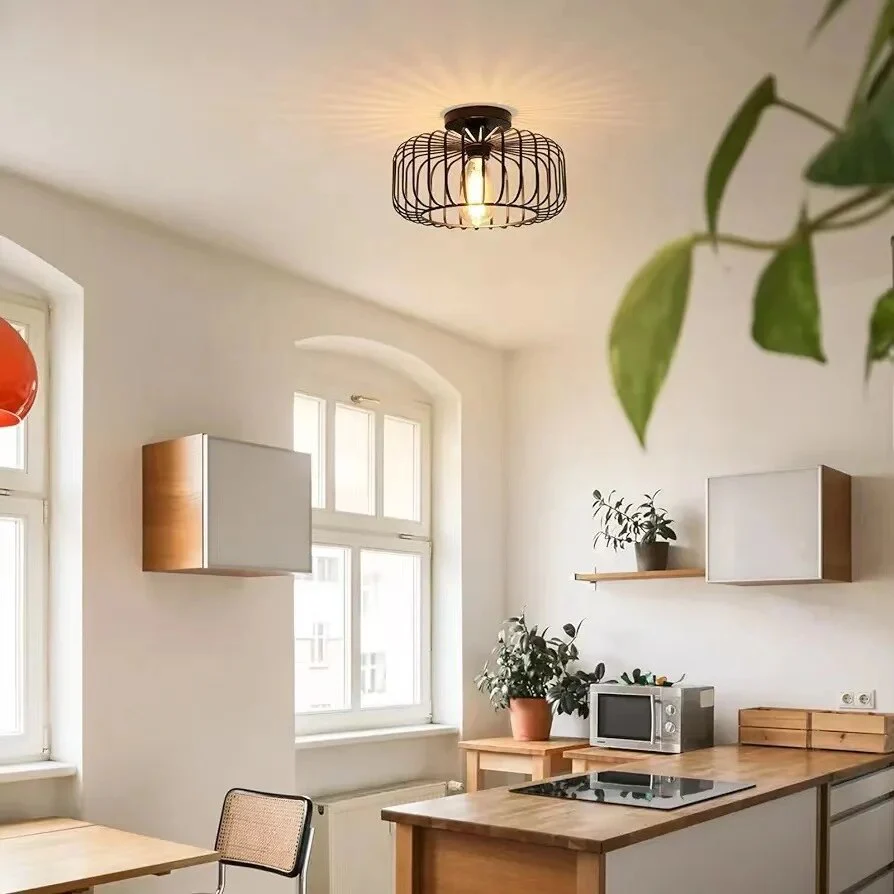 Industrial Modern Semi-Flush Mount Ceiling Light - Minimalist Birdcage Design