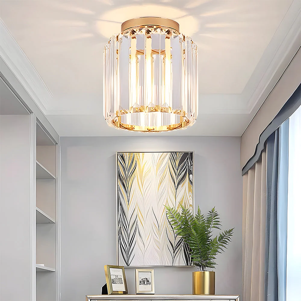Contemporary Flush Ceiling Light with Crystal Rods & Brass Cage �C E27 Fitting