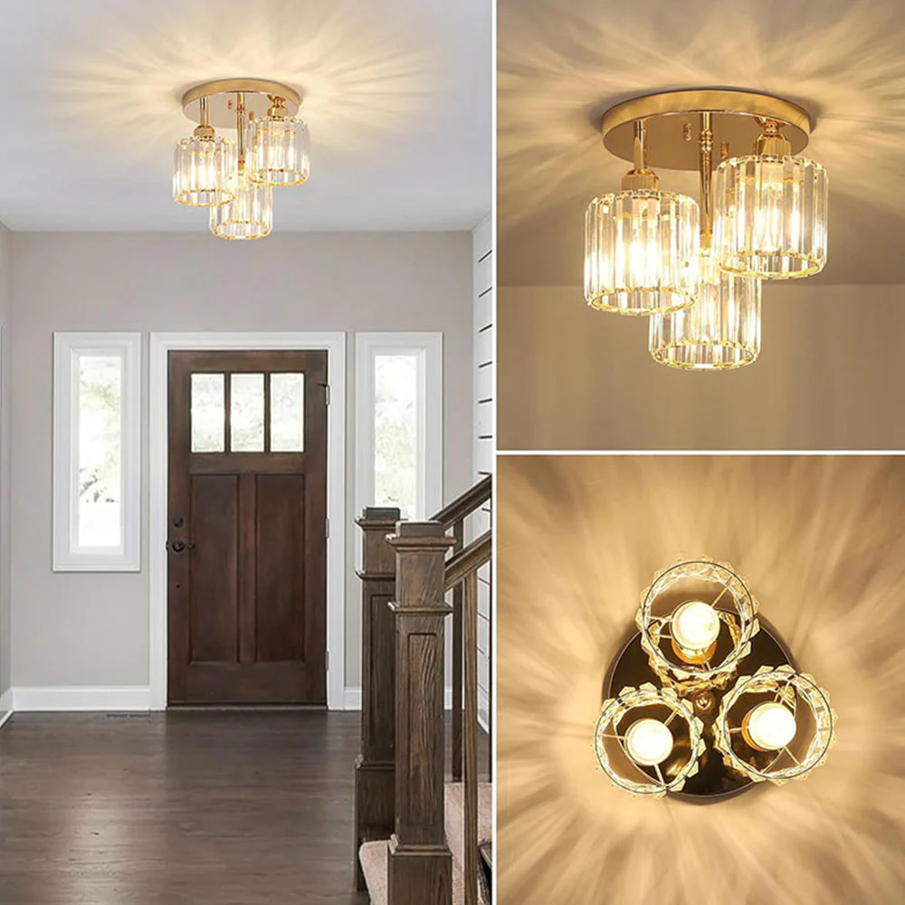 Modern Crystal Semi-Flush Ceiling Light with Ribbed Glass Shades �C 3-Light Fixture