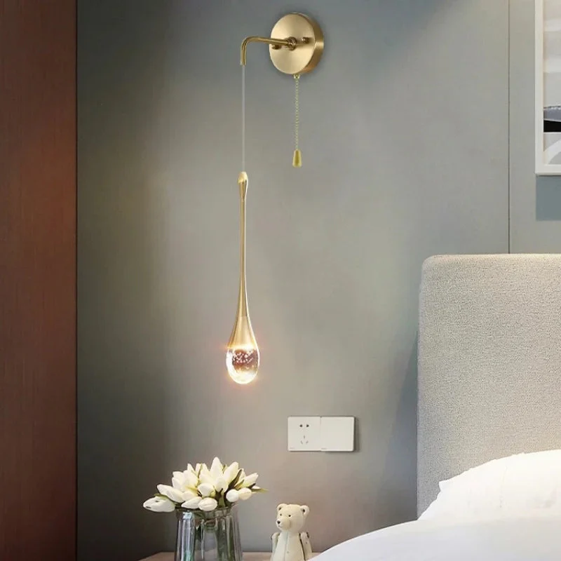 Modern LED Wall Light with Teardrop Glass Pendant and Gold Accent �C Warm Ambient Glow