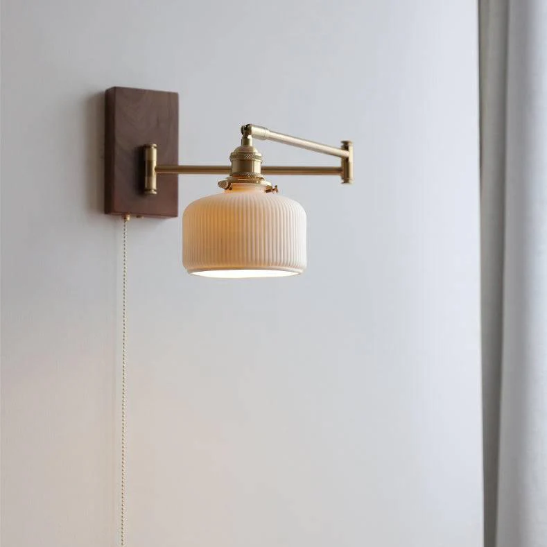 Mid-Century Modern Ceramic Wall Lamp with Wood Plate & Swing Arm