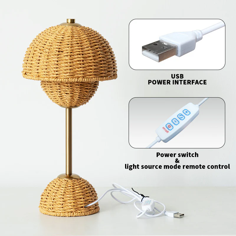 Eco-Friendly Bamboo Rattan Table Lamp with LED Ambient Glow
