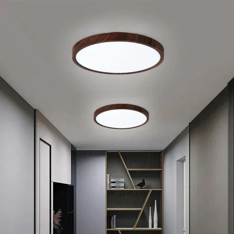 Modern Minimalist Ultrathin Flush Mount Circular Ceiling Light with Walnut Accent