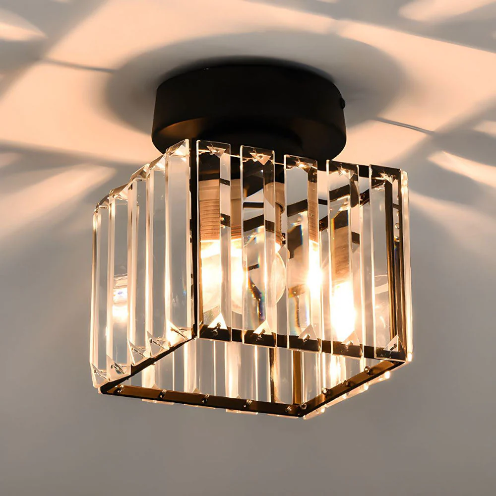 Contemporary Flush Ceiling Light with Crystal Rods & Brass Cage �C E27 Fitting