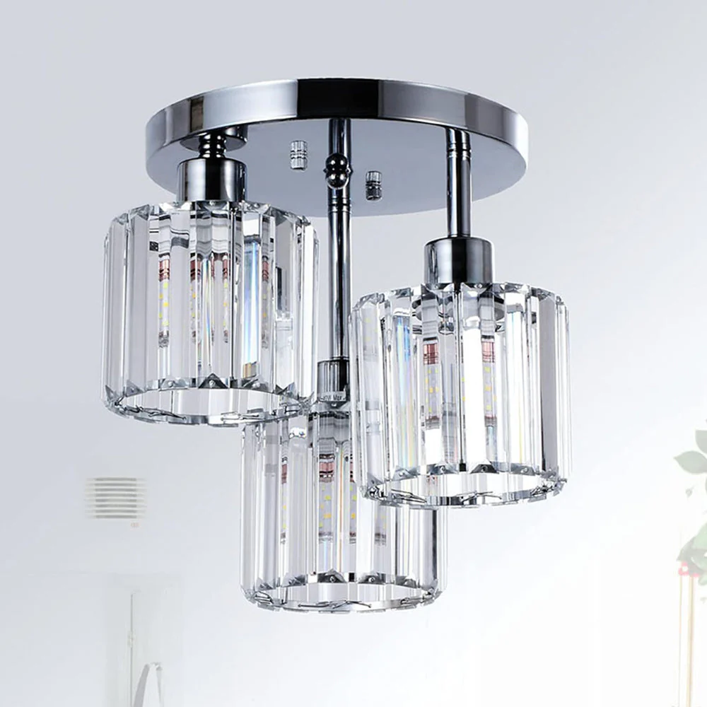 Modern Crystal Semi-Flush Ceiling Light with Ribbed Glass Shades �C 3-Light Fixture