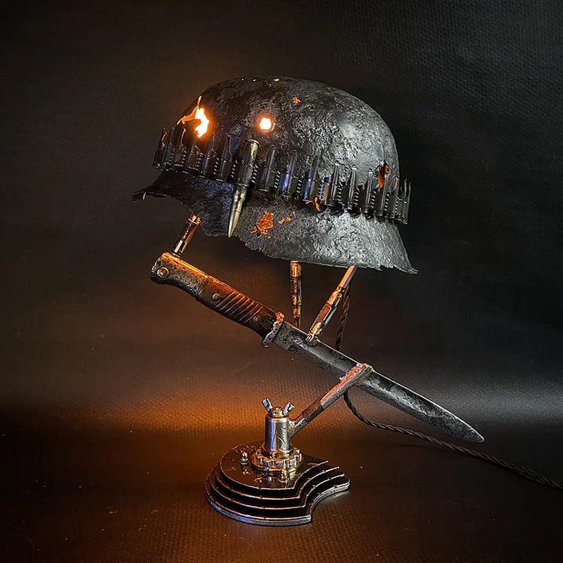 Industrial Vintage Military Helmet Table Lamp with Bullet Casings and Knife Stand