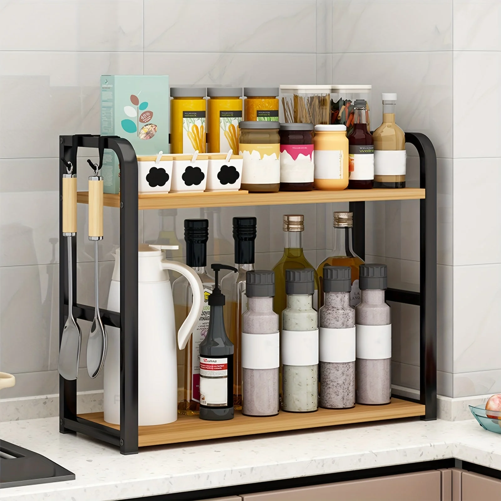 Stainless Steel Two-Tier Kitchen Spice Rack with Hooks - Modern Organizer