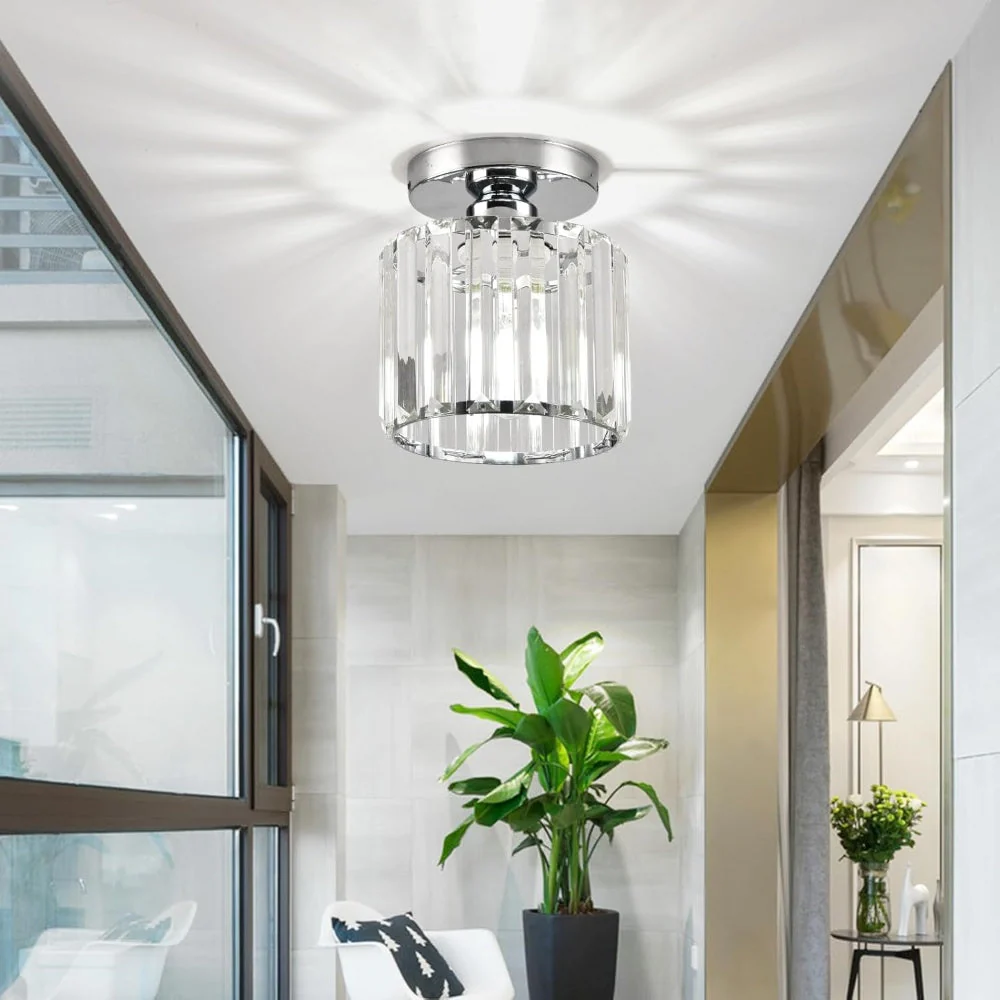 Contemporary Flush Ceiling Light with Crystal Rods & Brass Cage �C E27 Fitting