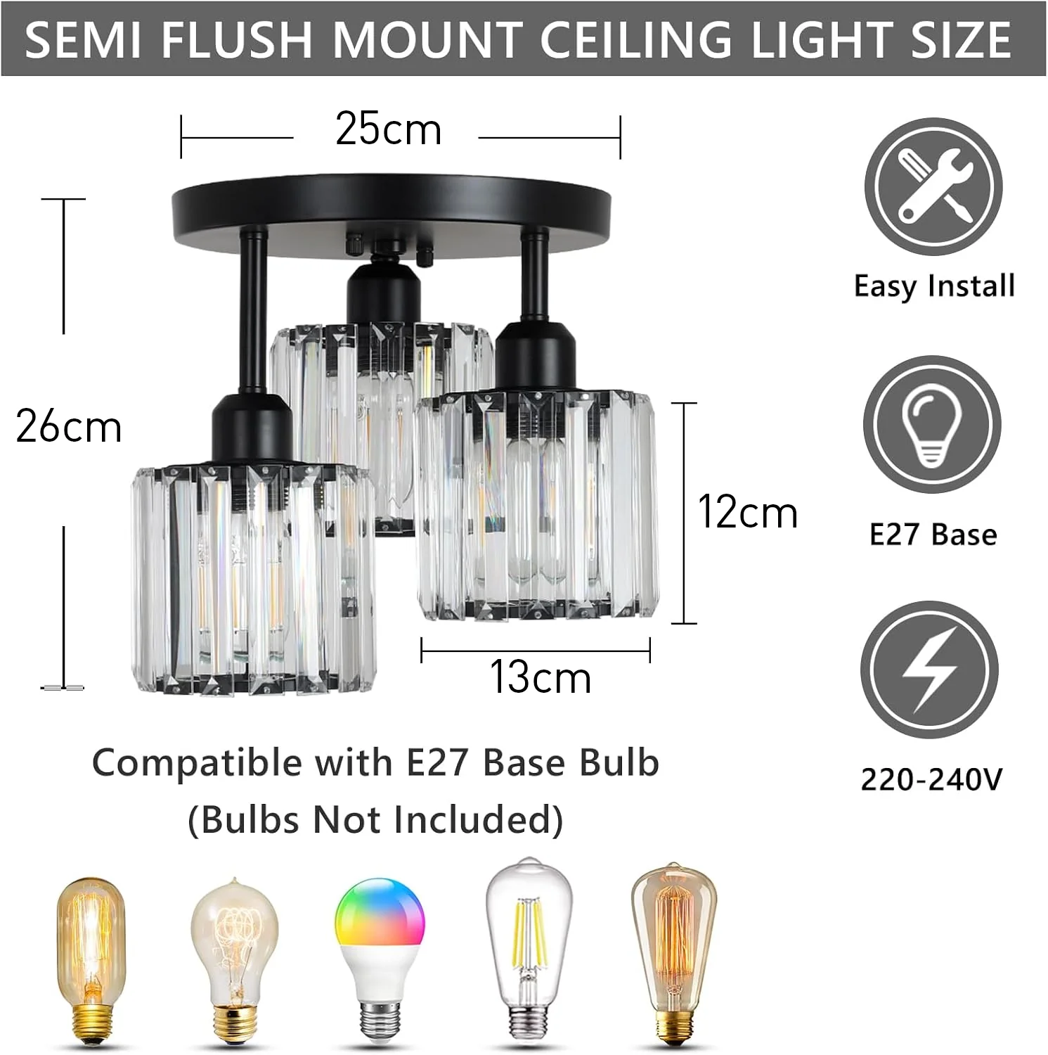 Modern Crystal Semi-Flush Ceiling Light with Ribbed Glass Shades �C 3-Light Fixture