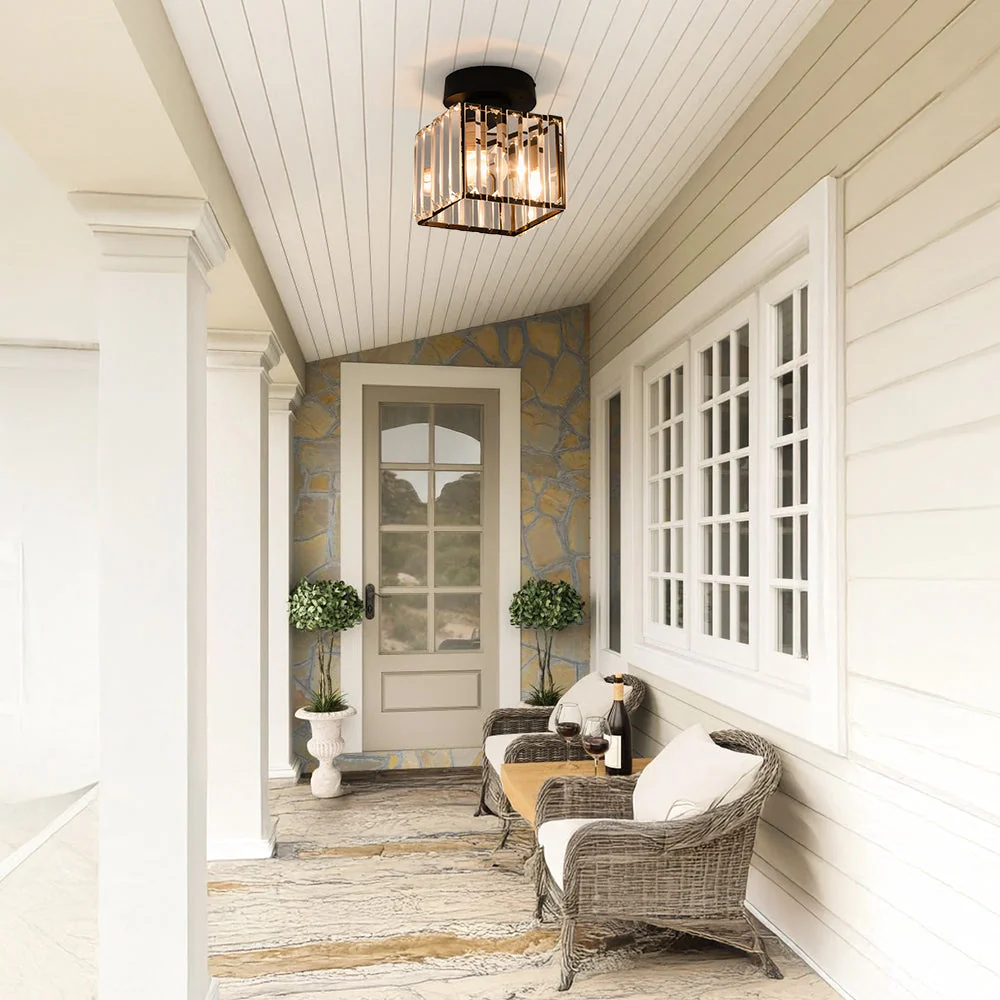 Contemporary Flush Ceiling Light with Crystal Rods & Brass Cage �C E27 Fitting