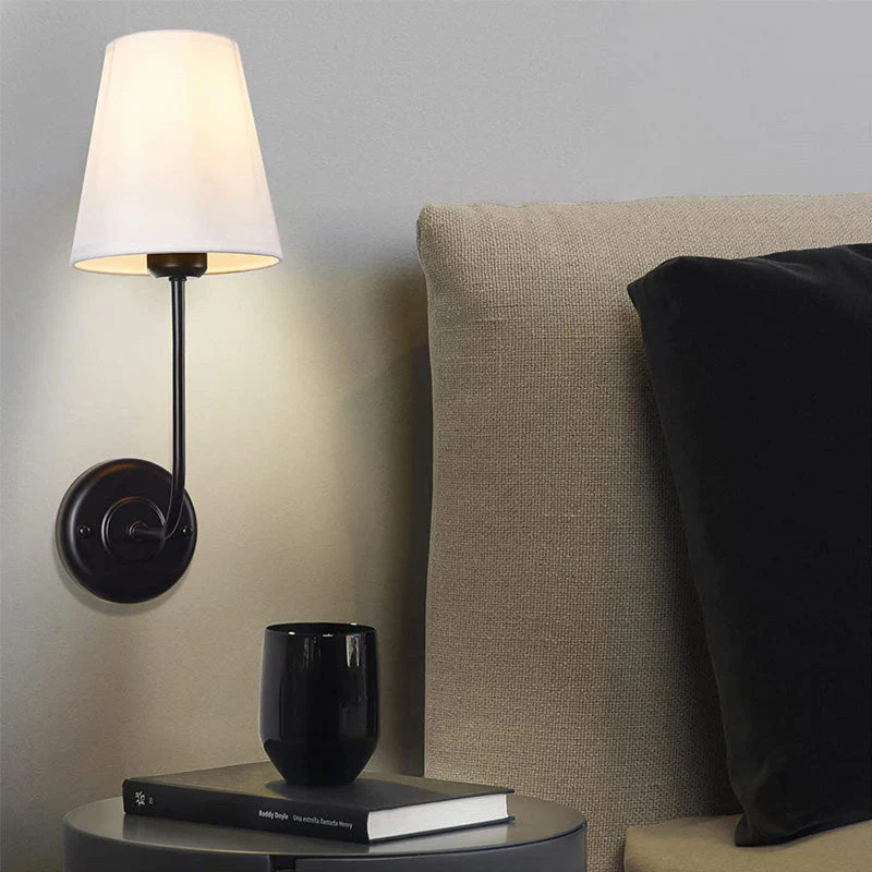Linen Wall Sconce with Curved Arm �C Minimalist Retro Fabric Light for Home Decor