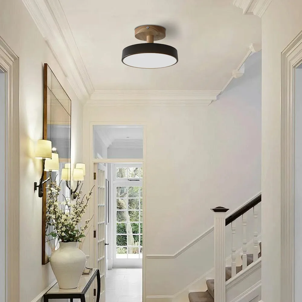 Modern Flush Mount LED Ceiling Light �C Wood & Iron, Minimalist Round Design