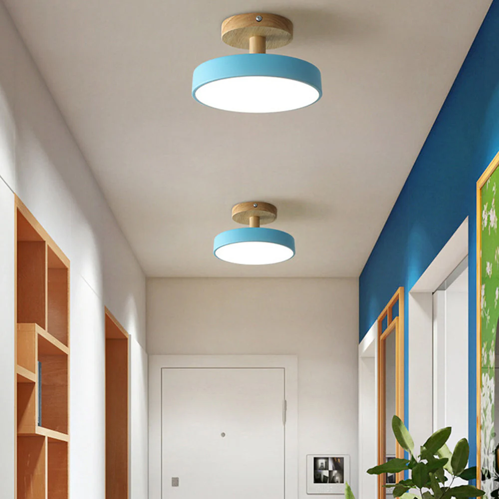 Modern Flush Mount LED Ceiling Light �C Wood & Iron, Minimalist Round Design