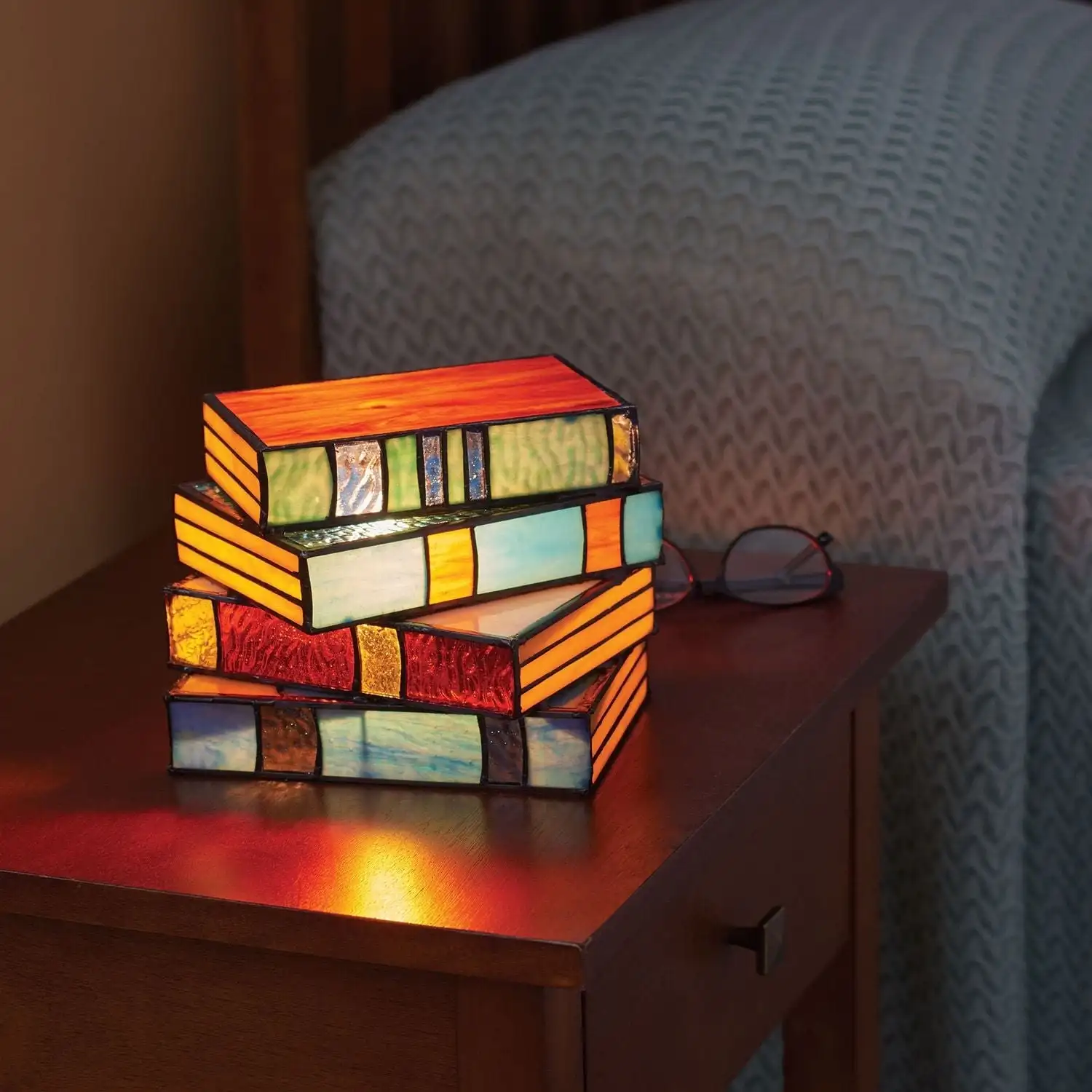 Stained Glass Book Stack Table Lamp - Artistic Vintage Design