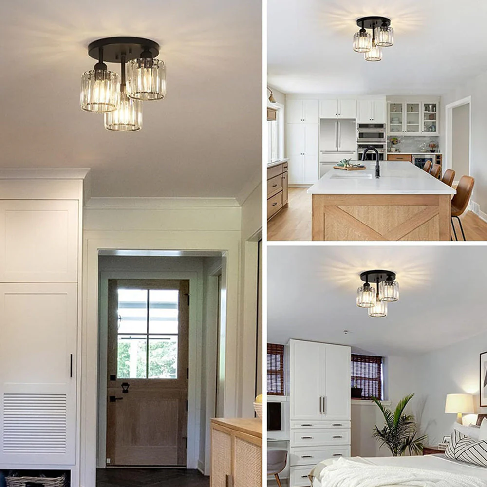 Modern Crystal Semi-Flush Ceiling Light with Ribbed Glass Shades �C 3-Light Fixture