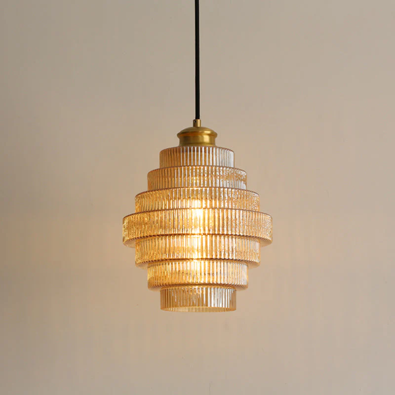 Pendant Light | Ribbed Glass & Brass | Tiered Design | Dining Room Elegance