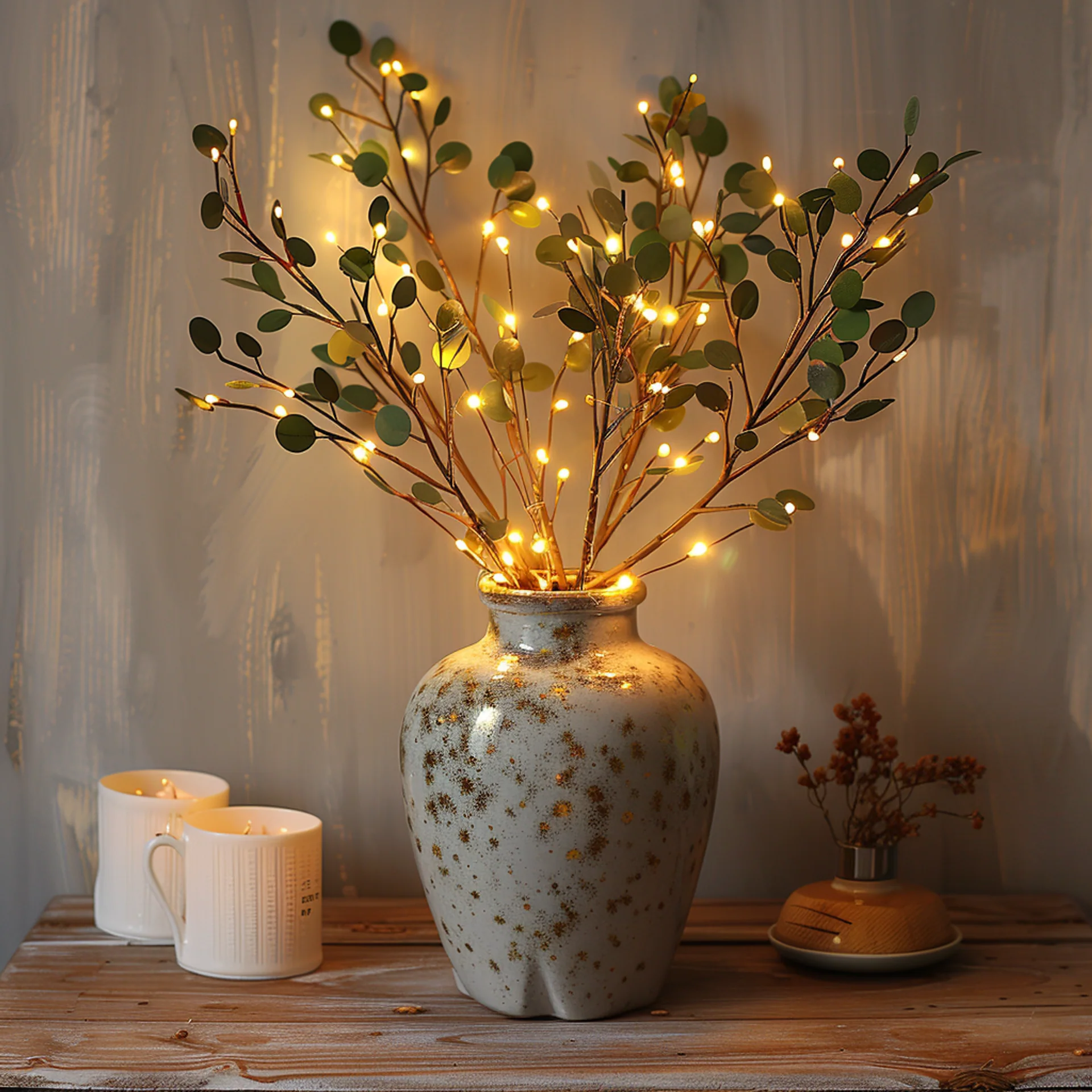 Illuminated Olive Branch Vase with Warm LED Lights for Elegant Home Decor