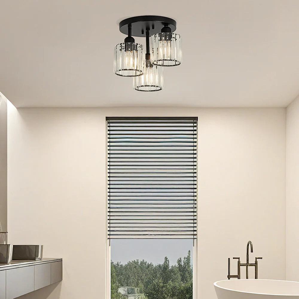 Modern Crystal Semi-Flush Ceiling Light with Ribbed Glass Shades �C 3-Light Fixture