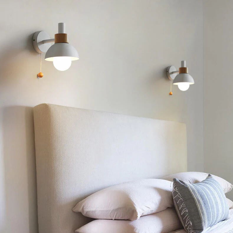Modern Nordic Wall Sconce Light �C Iron & Glass Globe with Wooden Pull Cord, E26 Fitting