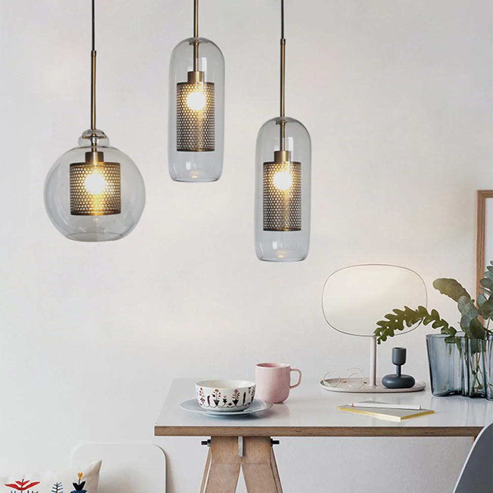 Modern Glass Pendant Light with Perforated Metal Inner Shade �C Contemporary Ceiling Fixture