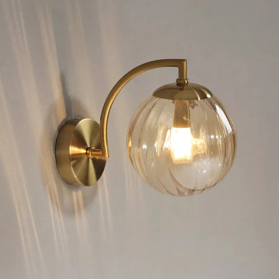 Modern Ribbed Glass Globe Wall Light �C Curved Arm LED Sconce for Elegant Interiors