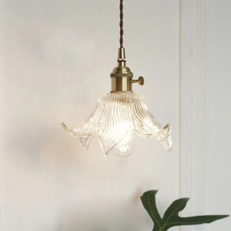 Pendant Light | Ribbed Glass & Brass | Petal-Like Shade | Living Room Accent