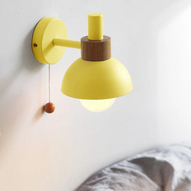 Modern Nordic Wall Sconce Light �C Iron & Glass Globe with Wooden Pull Cord, E26 Fitting