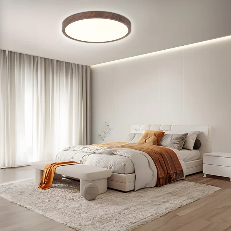 Modern Minimalist Ultrathin Flush Mount Circular Ceiling Light with Walnut Accent