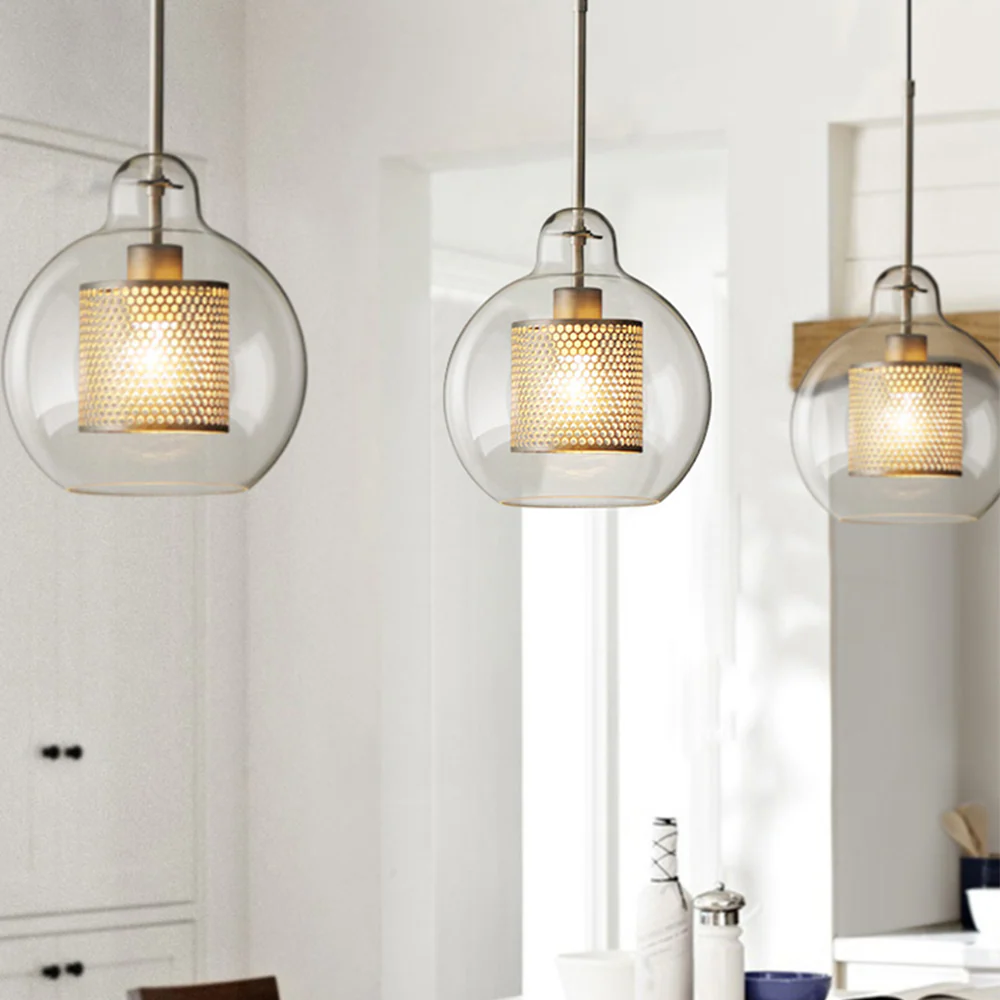 Modern Glass Pendant Light with Perforated Metal Inner Shade �C Contemporary Ceiling Fixture