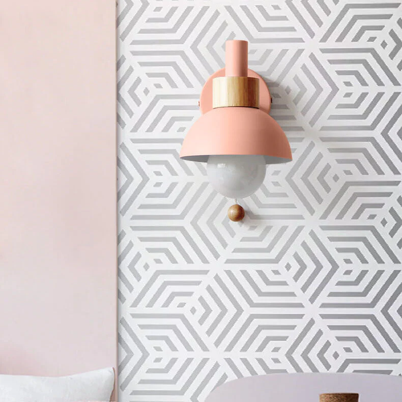 Modern Nordic Wall Sconce Light �C Iron & Glass Globe with Wooden Pull Cord, E26 Fitting