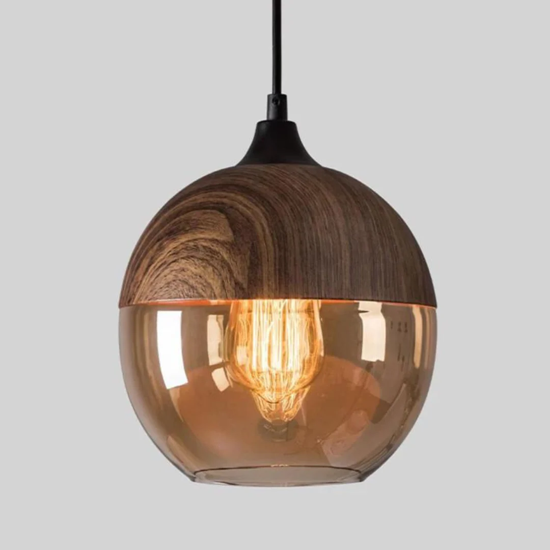 Scandinavian Wooden Globe Pendant Light with Glass Shade - NordLuna