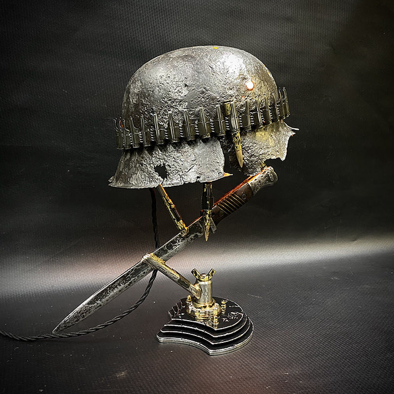 Industrial Vintage Military Helmet Table Lamp with Bullet Casings and Knife Stand