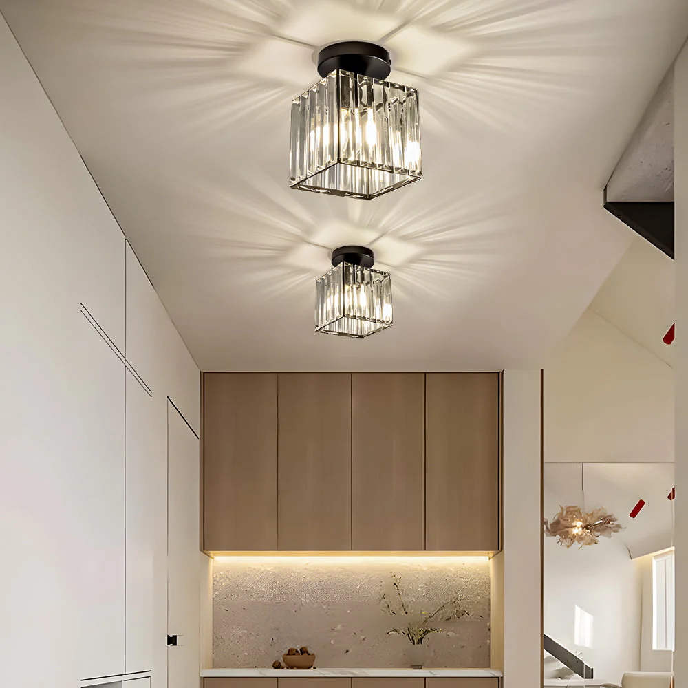 Modern Crystal Flush Ceiling Light with Brass Frame, E27 Fitting, 13cm Compact Design