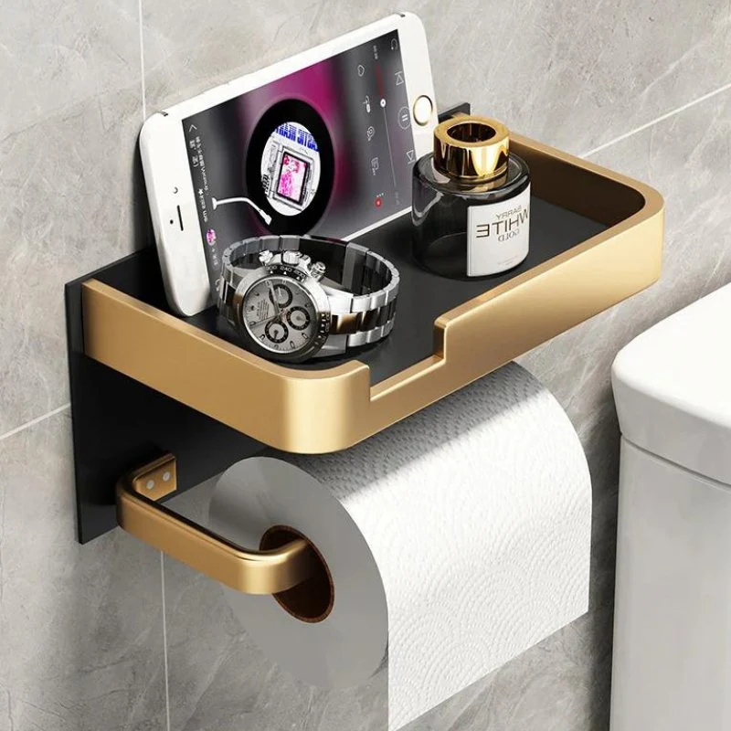 Toilet Paper Holder | Brushed Gold Metal & Matte Black Metal | Integrated Shelf | Wall-Mounted Bathroom Accessory
