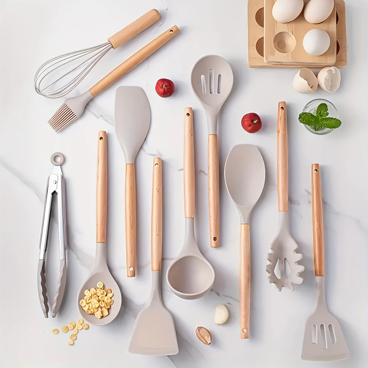 Premium 12-Piece Silicone and Wood Kitchen Utensil Set - Heat Resistant & Ergonomic