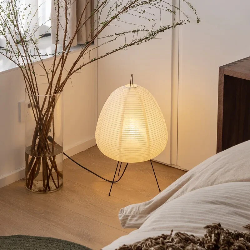 Minimalist Japanese Rice Paper Table Lamp with LED and Sculptural Design