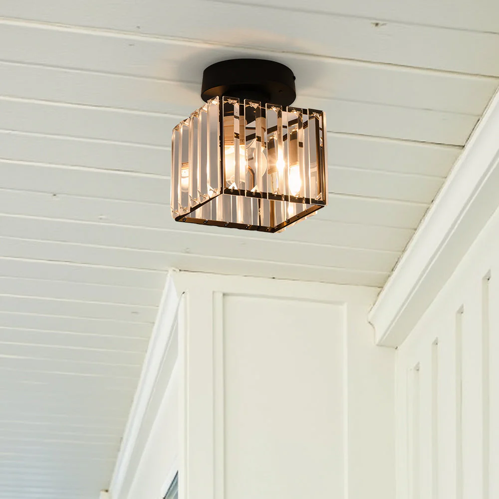 Contemporary Flush Ceiling Light with Crystal Rods & Brass Cage �C E27 Fitting