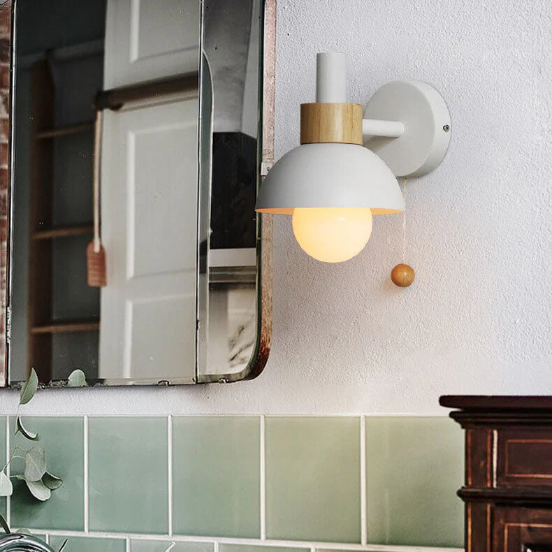 Modern Nordic Wall Sconce Light �C Iron & Glass Globe with Wooden Pull Cord, E26 Fitting
