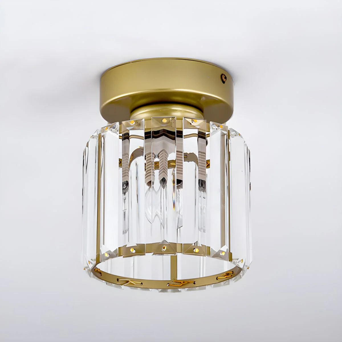 Contemporary Flush Ceiling Light with Crystal Rods & Brass Cage �C E27 Fitting