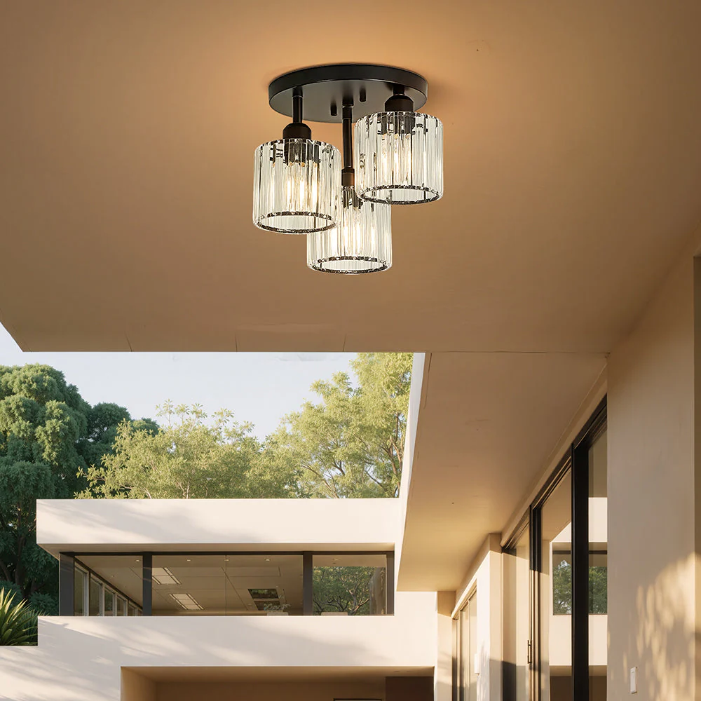 Modern Crystal Semi-Flush Ceiling Light with Ribbed Glass Shades �C 3-Light Fixture