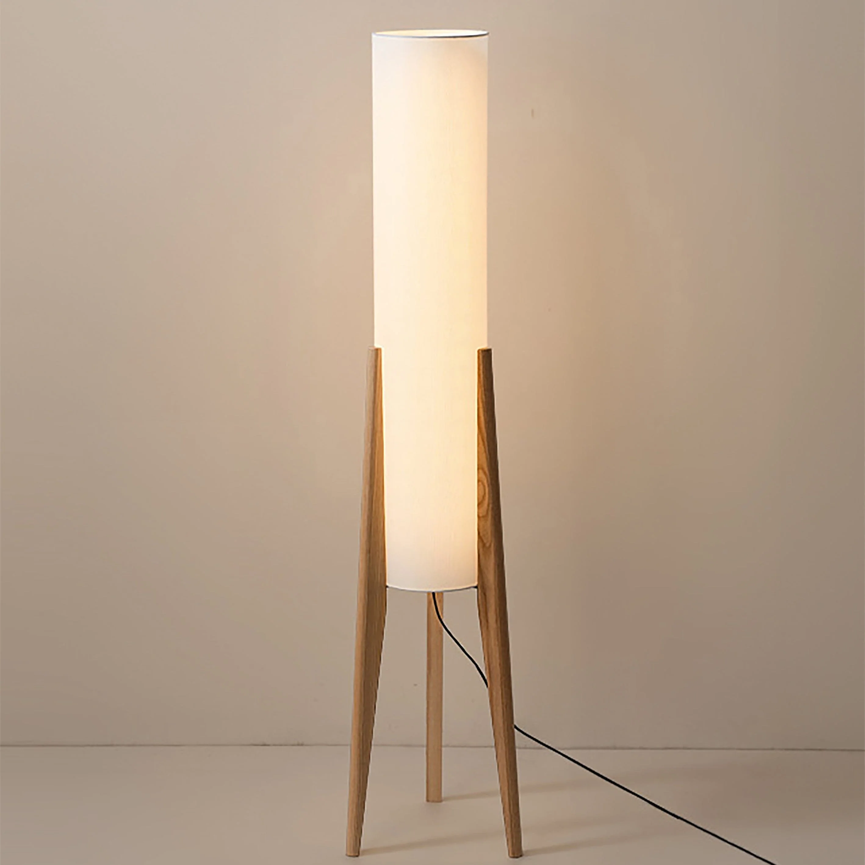 Modern Walnut Tripod Floor Lamp - Minimalist LED Lighting with Cylindrical Shade